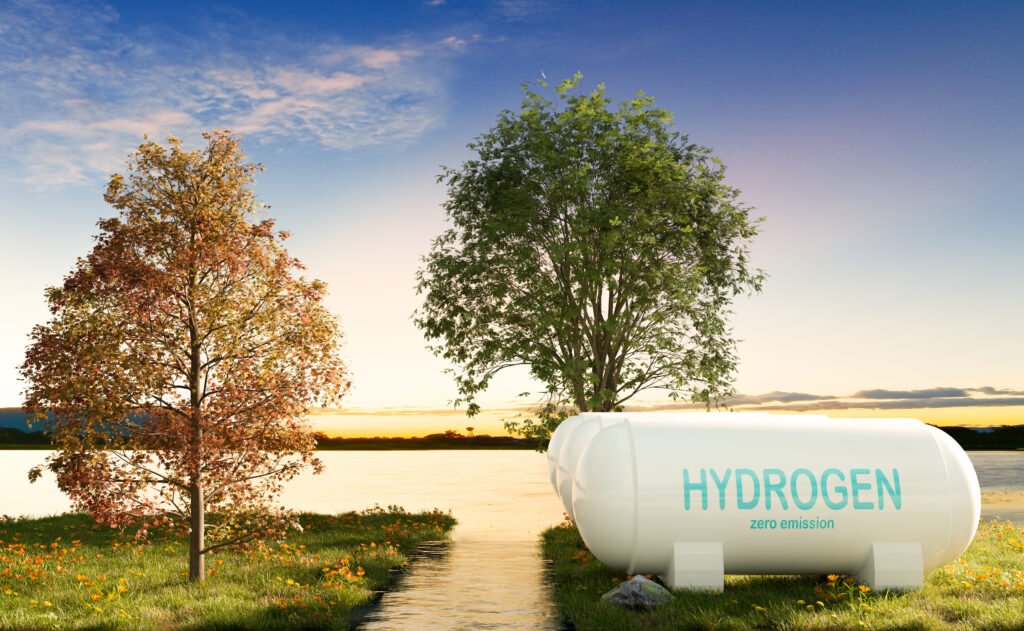 Hydrogen power storage nearly river in sunset scene