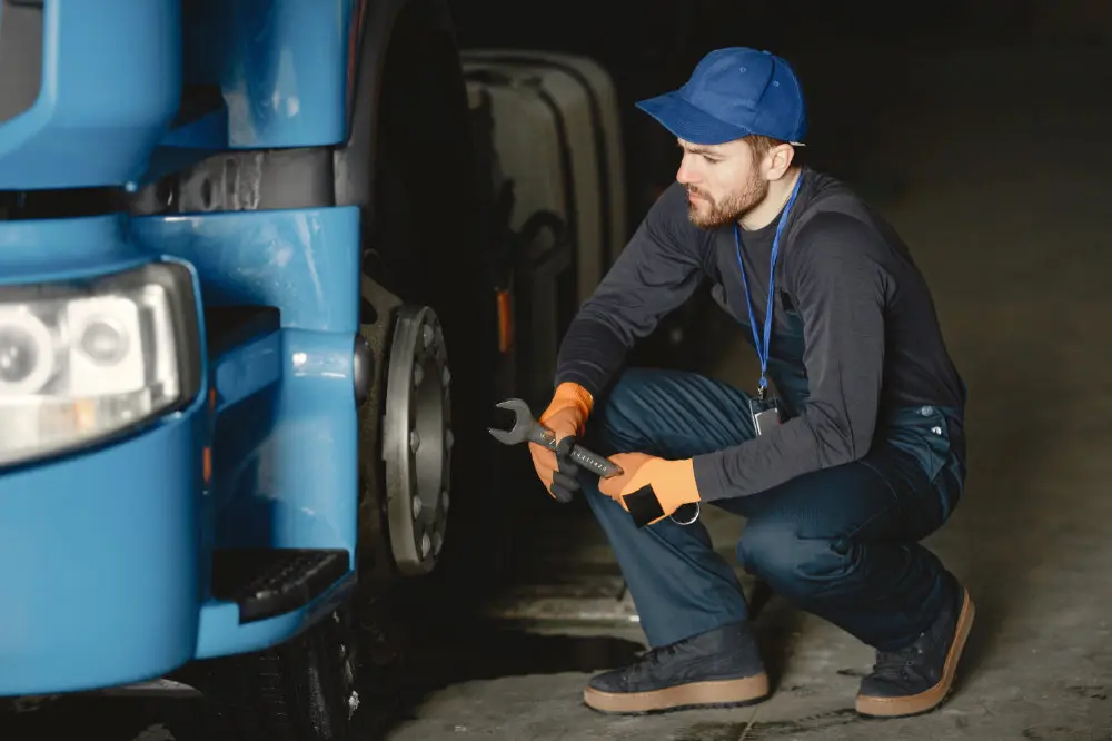 uomo fa manutenzione alle gomme del suo camion