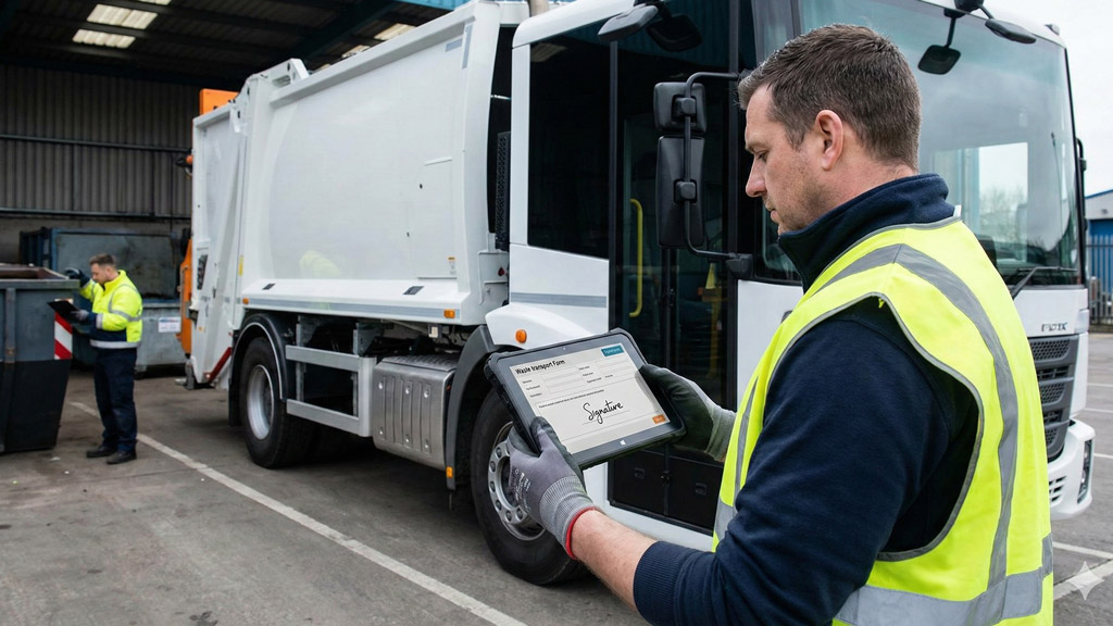 Operatore che firma digitalmente documenti su computer per il trasporto rifiuti.