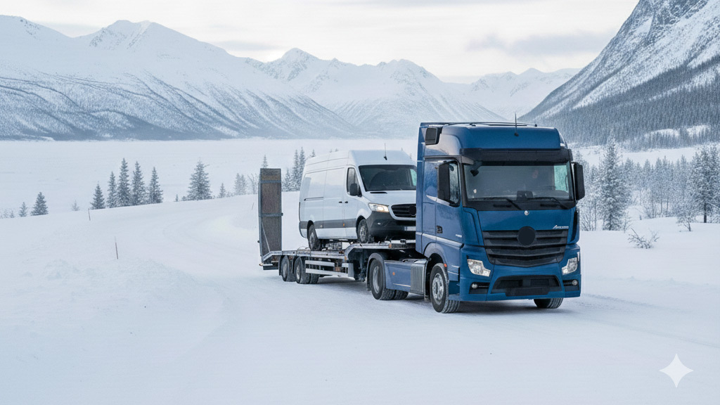 Camion elettrico in viaggio nel Circolo Polare Artico con neve