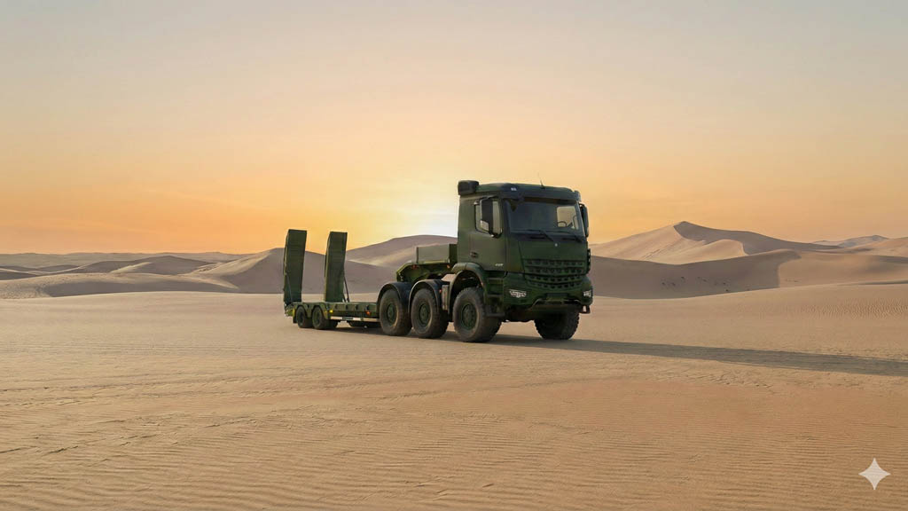 Camion militare 6x6 in marcia nel deserto sabbioso (1)