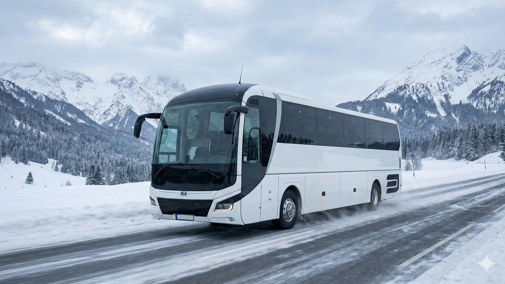 MAN Lion's Coach E su strada innevata durante test invernale