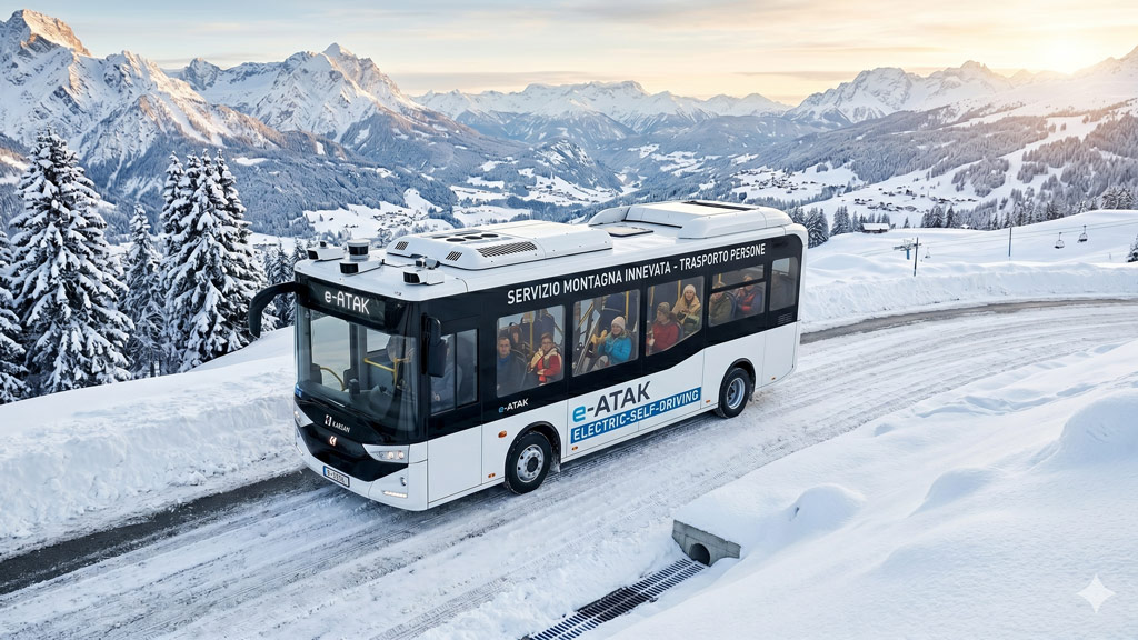 Autobus autonomo Karsan e ATAK in ambiente invernale montano