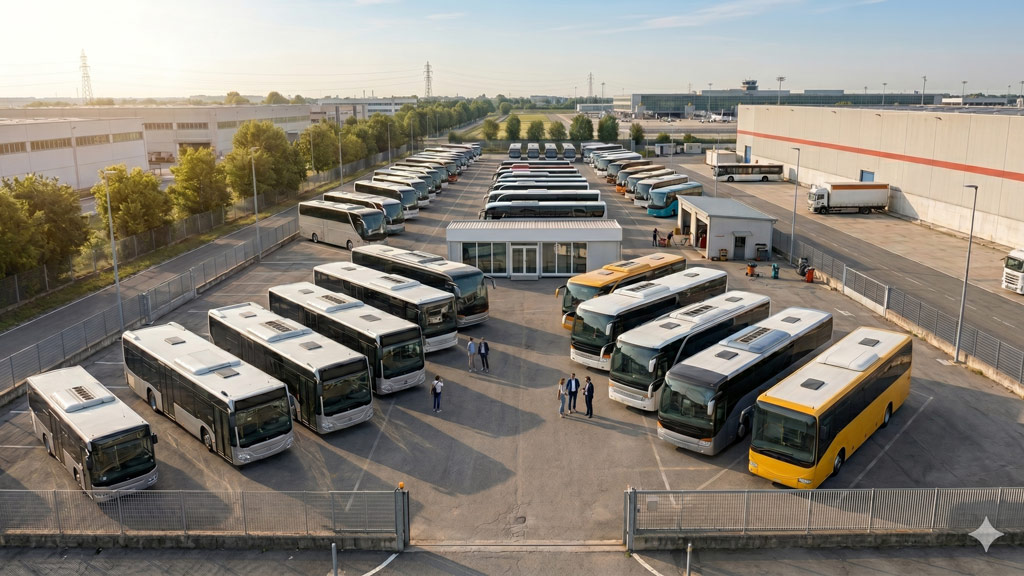 Autobus usati in vendita in un piazzale europeo
