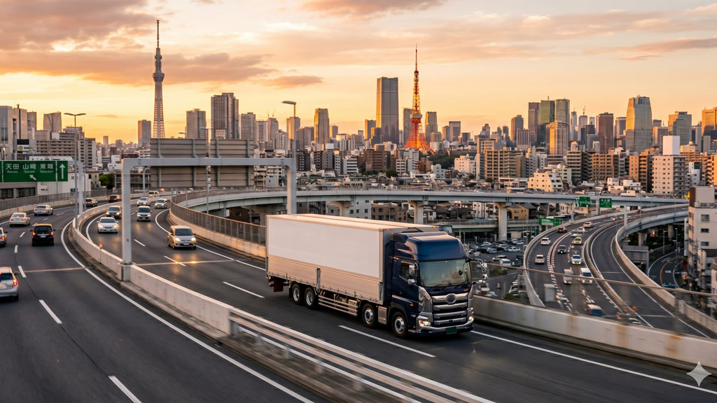 Camion commerciale pesante su autostrada con skyline di Tokyo