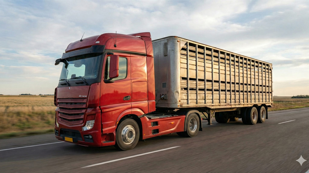 Camion per il trasporto di animali vivi in viaggio su strada con rimorchio ventilato omologato