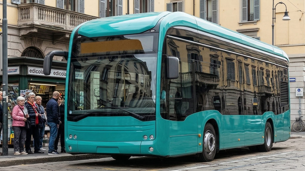 Mercedes Benz eCitaro fuel cell verde con serbatoi idrogeno sul tetto