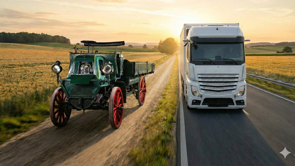 Mezzo industriale depoca accanto a camion Mercedes di nuova generazione