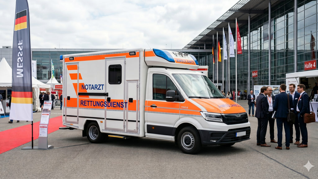 Ambulanza europea in esposizione a fiera commerciale