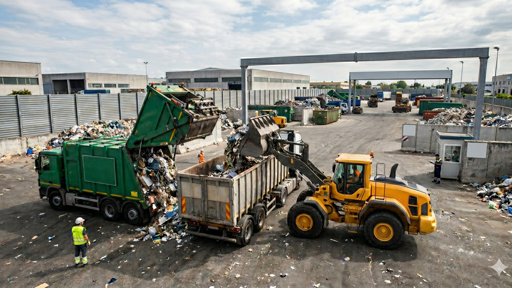 Camion per il trasporto rifiuti in area industriale