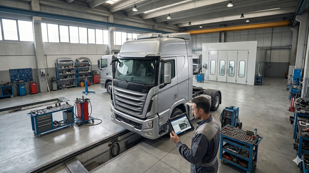 Carrozziere in officina con tablet per consultazione tecnica (1)