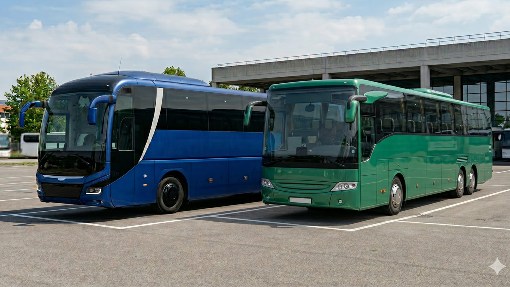 Due autobus di marchi diversi parcheggiati in sosta