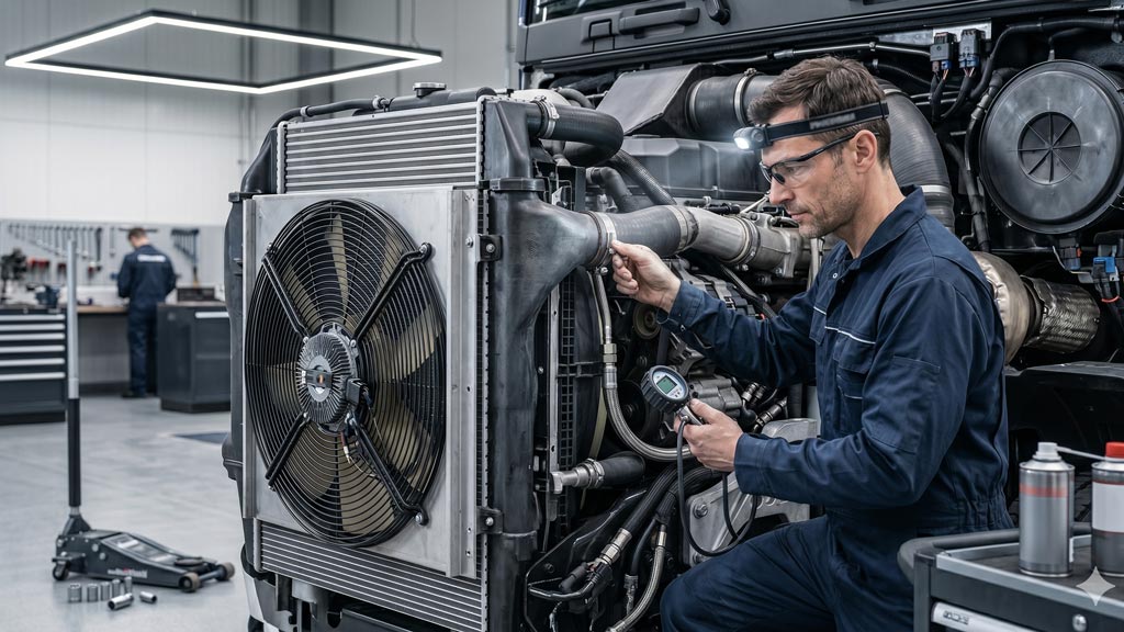 Tecnico controlla sistema di raffreddamento motore camion