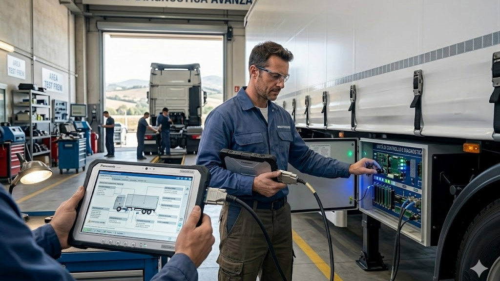 Tecnico in officina con tablet collegato a semirimorchio def