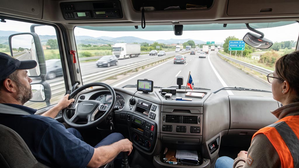 Autista di camion in cabina durante un corso