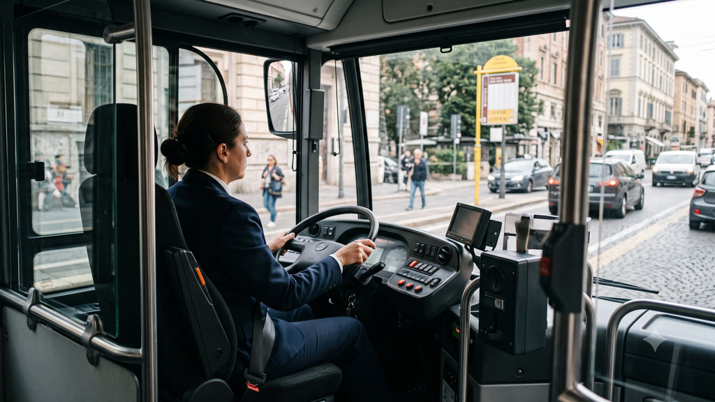 Autista di autobus alla guida in città