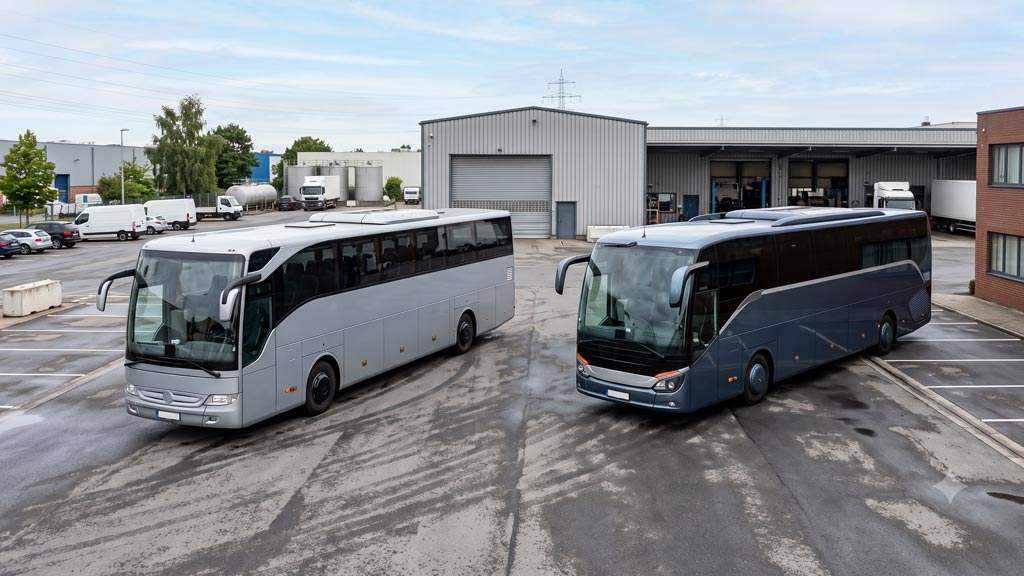 Autobus Mercedes Benz e Setra in un piazzale aziendale