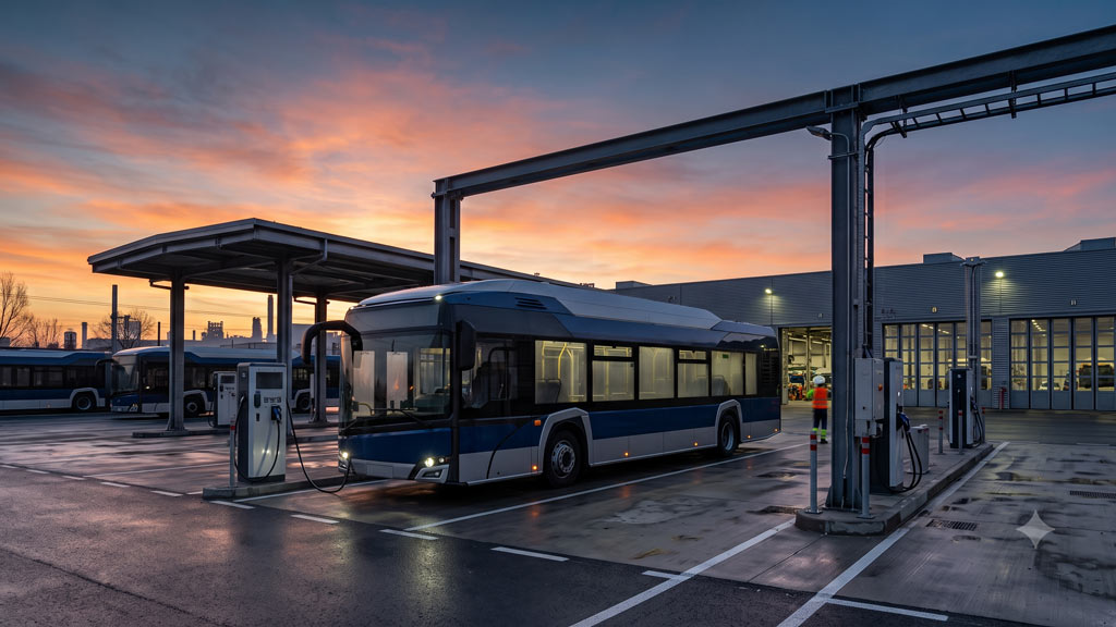 Autobus elettrico in ricarica al deposito urbano