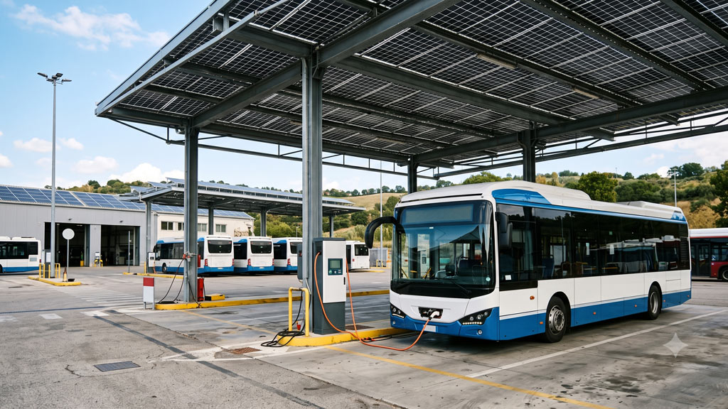Autobus elettrico in ricarica presso deposito con pannelli solari