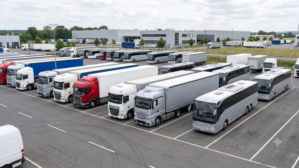Camion, autobus e rimorchi nuovi in parcheggio