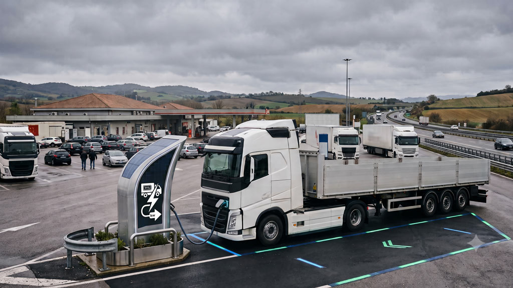 Camion elettrico in ricarica lungo un'autostrada europea