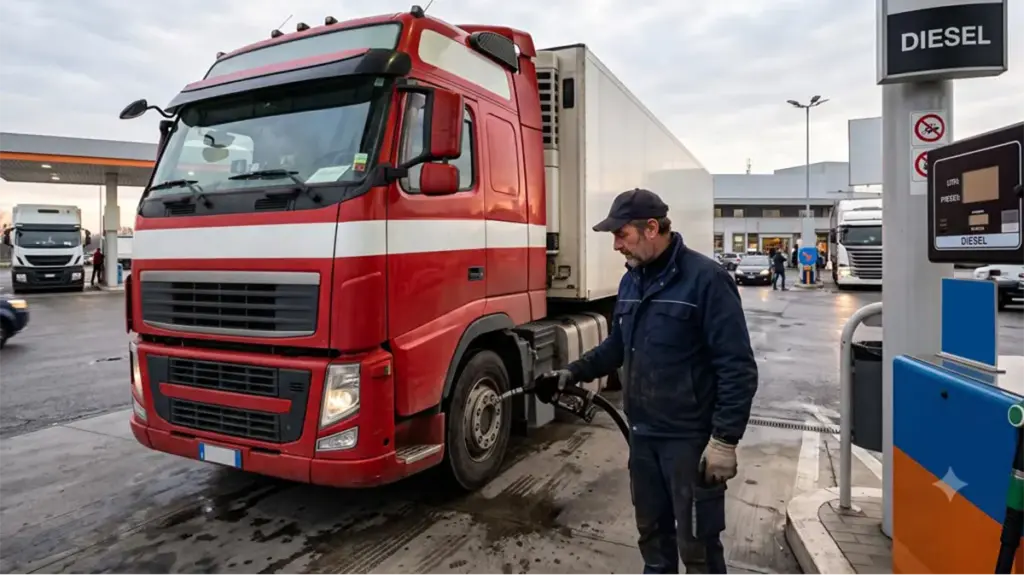 Camionista fa rifornimento di gasolio al distributore