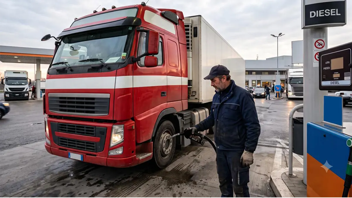 Camionista fa rifornimento di gasolio al distributore