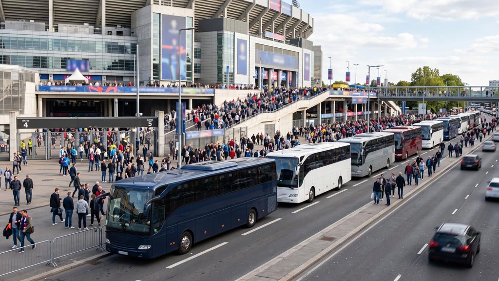 Fila di pullman turistici in attesa fuori da un grande evento