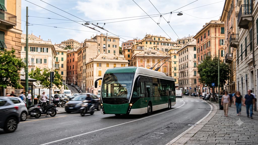 Filobus elettrico in transito su linea aerea urbana