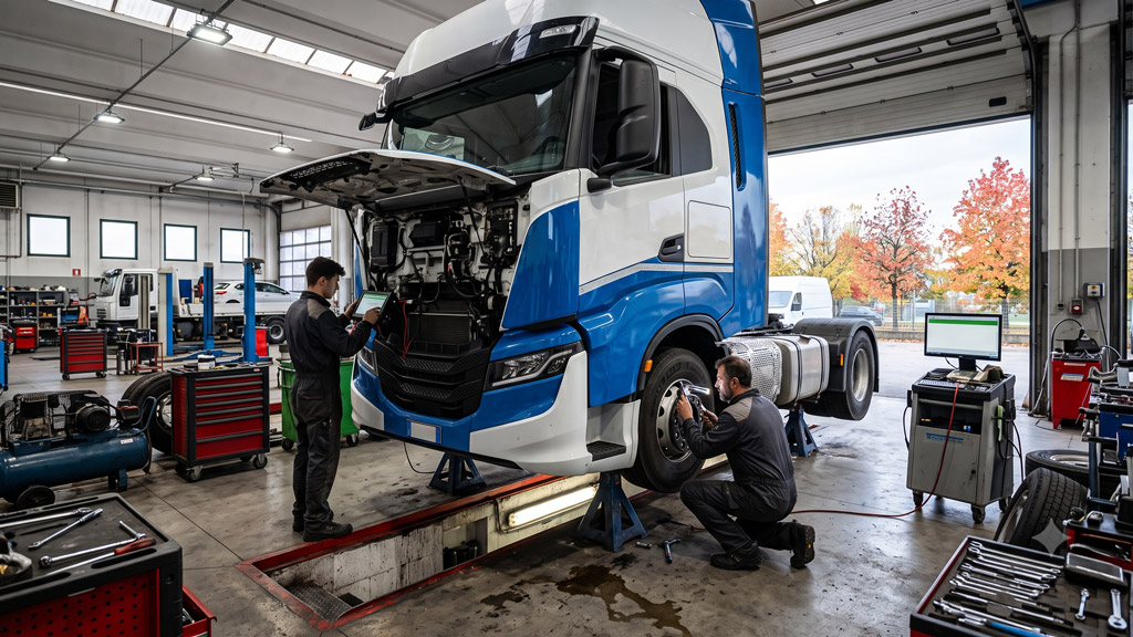 Meccanico controlla freni e pneumatici di un camion