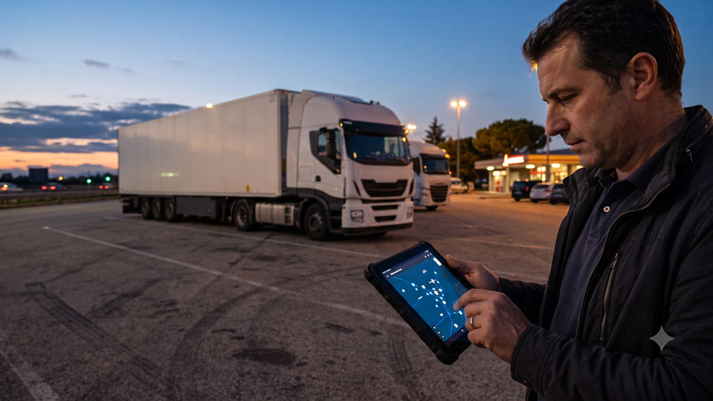 Semirimorchio parcheggiato con localizzatore GPS su tablet