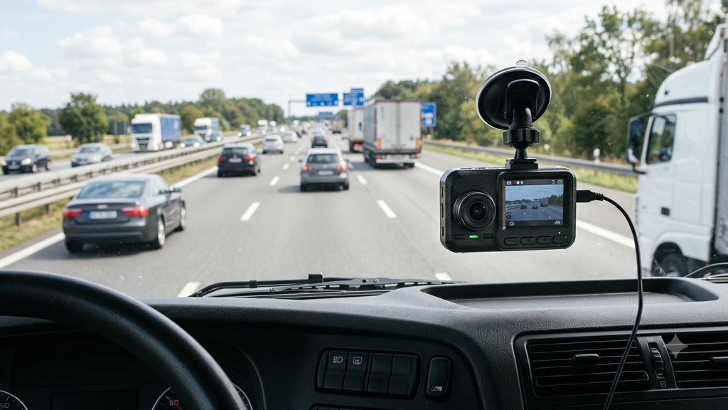 Telecamera di bordo installata su cruscotto di camion