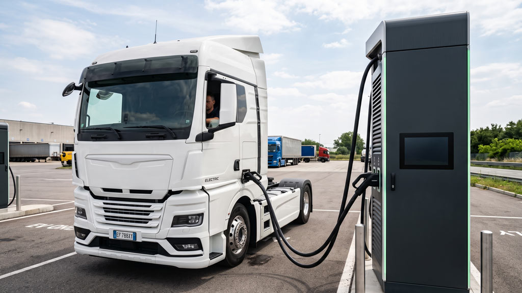 Camion elettrico in ricarica a colonnina megawatt