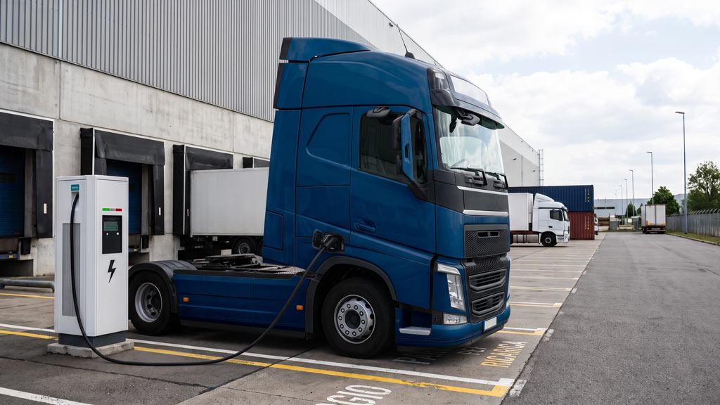 Camion elettrico in ricarica in un deposito logistico